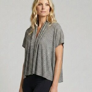 Bryn Walker Bamboo Cardigan Striped Open Front Cocoon Sweater Lagenlook Draped L